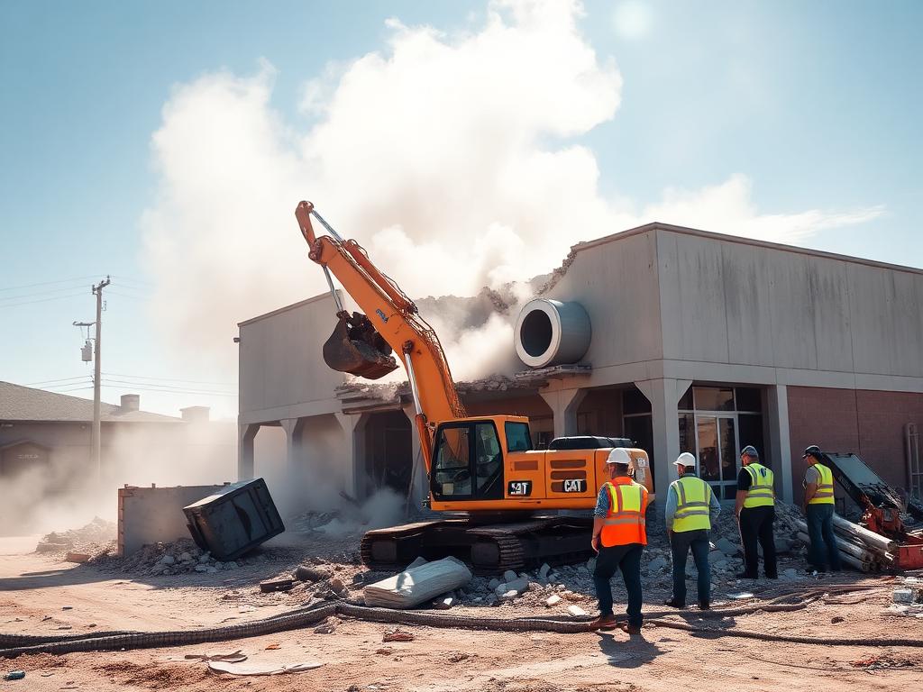 Excavator performing small structure demolition on a property in Stockton, California