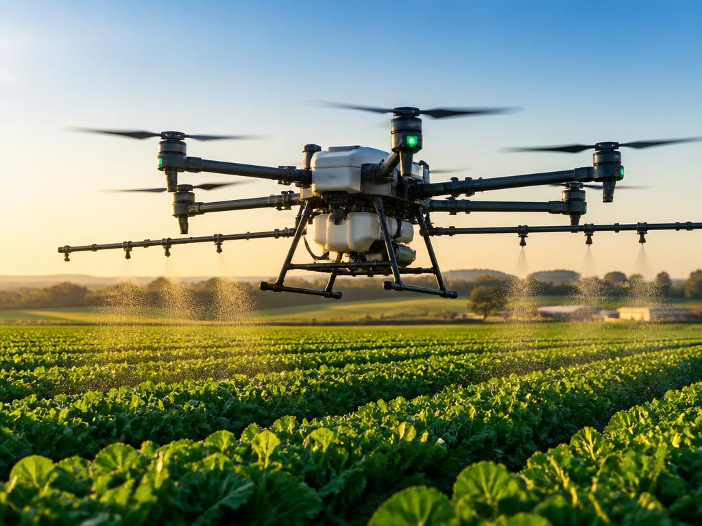 Agricultural drone spraying crops on a California farm at sunrise