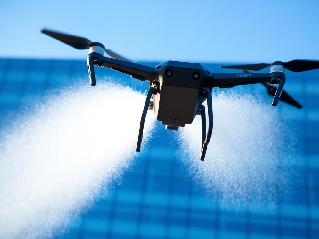 Cleaning drone washing the upper exterior wall of a commercial building in Stockton, California