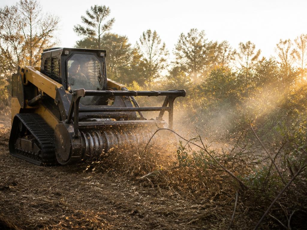 Forestry mulching machine grinding brush and small trees into mulch on overgrown California acreage