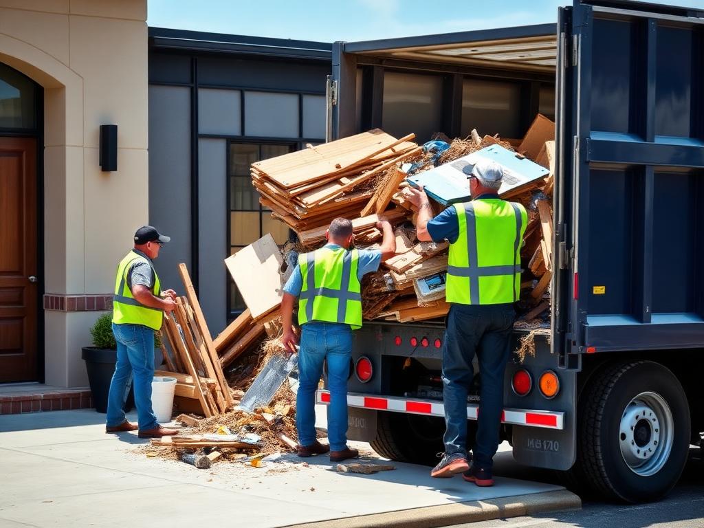 Crew loading construction debris into a dump truck at a commercial property