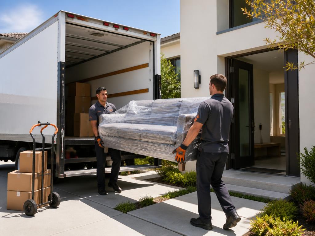 Two professional movers carrying a wrapped sofa from a moving truck into a California home
