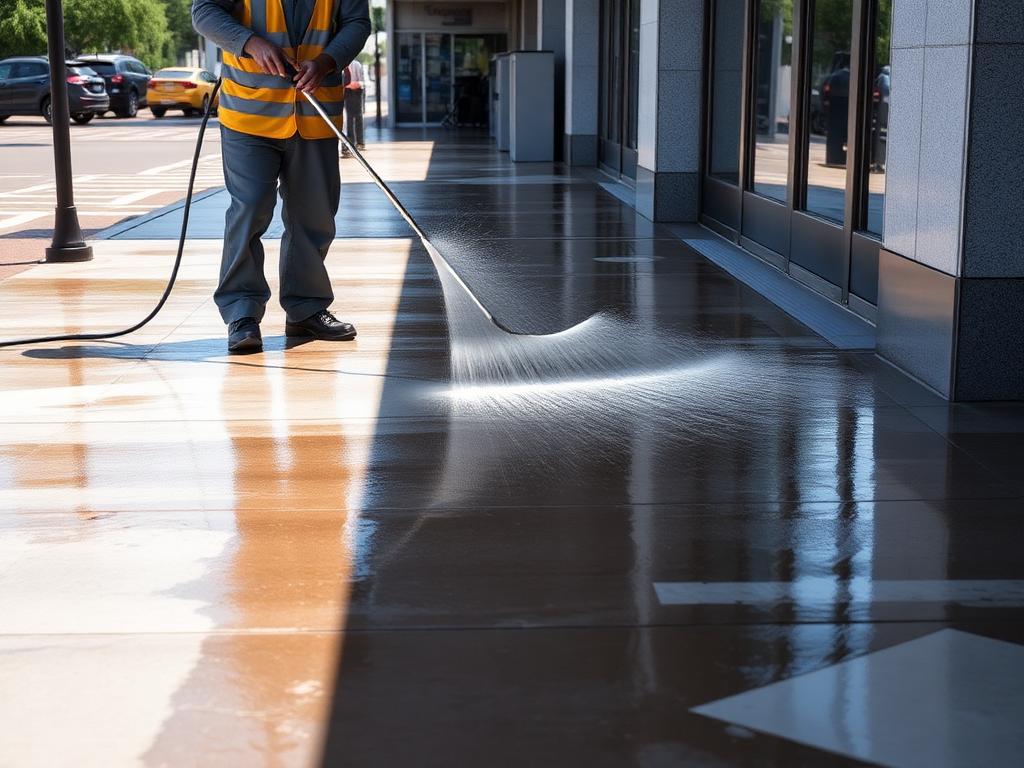 Worker pressure washing a commercial concrete walkway