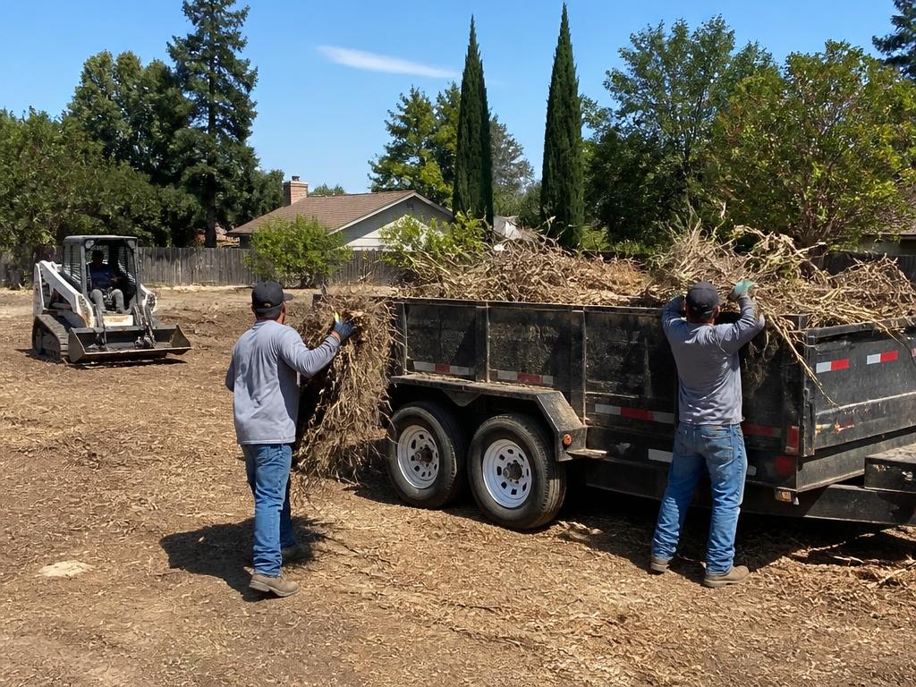 Crew loading brush and debris into a dump trailer during a property cleanup in Stockton, California