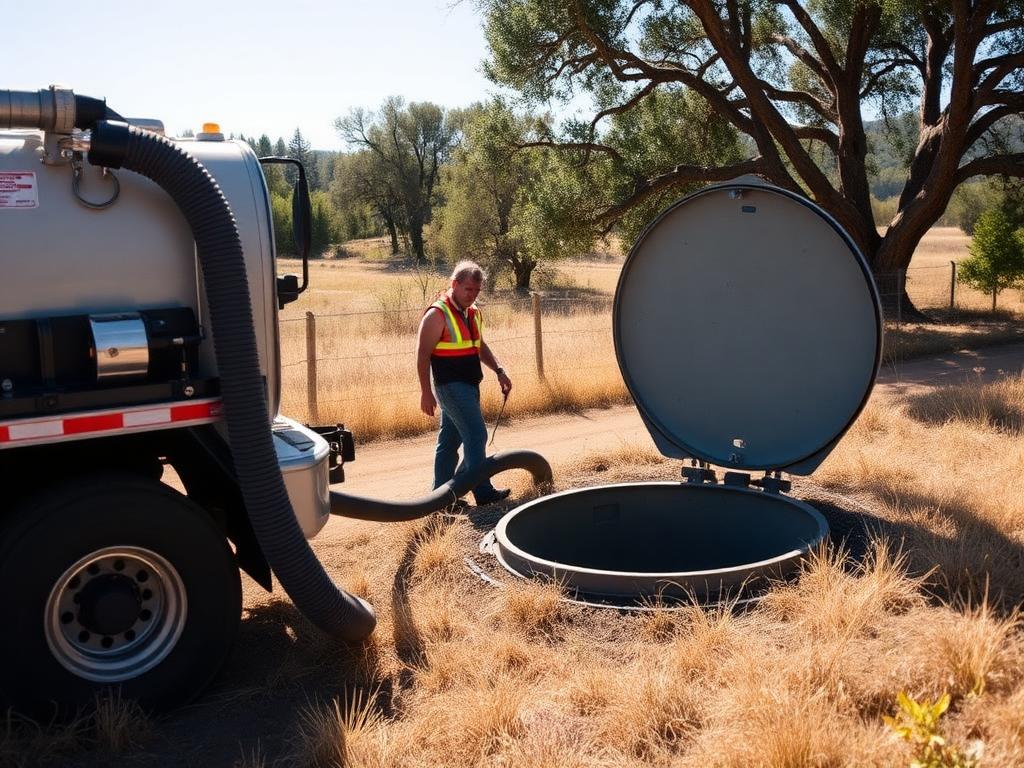 Septic pumping truck with vacuum hose servicing an open septic tank on a rural Stockton, California property