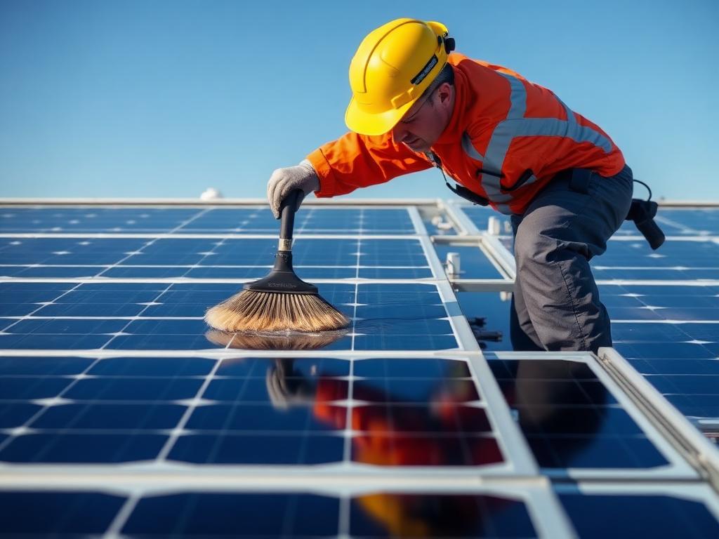 Technician cleaning a commercial rooftop solar panel array