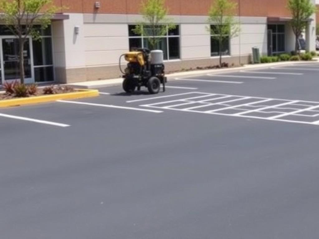 Freshly sealcoated parking lot with crisp white line striping
